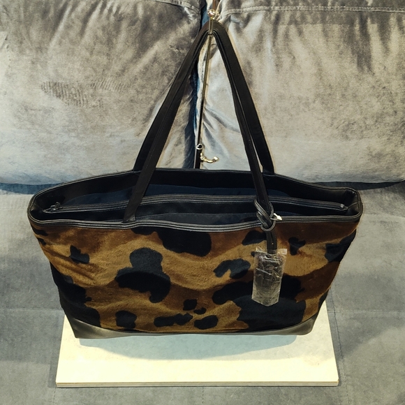 NWOT BUENO CALF HAIR ANIMAL PRINT 3 COMPARTMENT MESSANGER BAG TOTE BROWN & BLACK - Picture 12 of 16